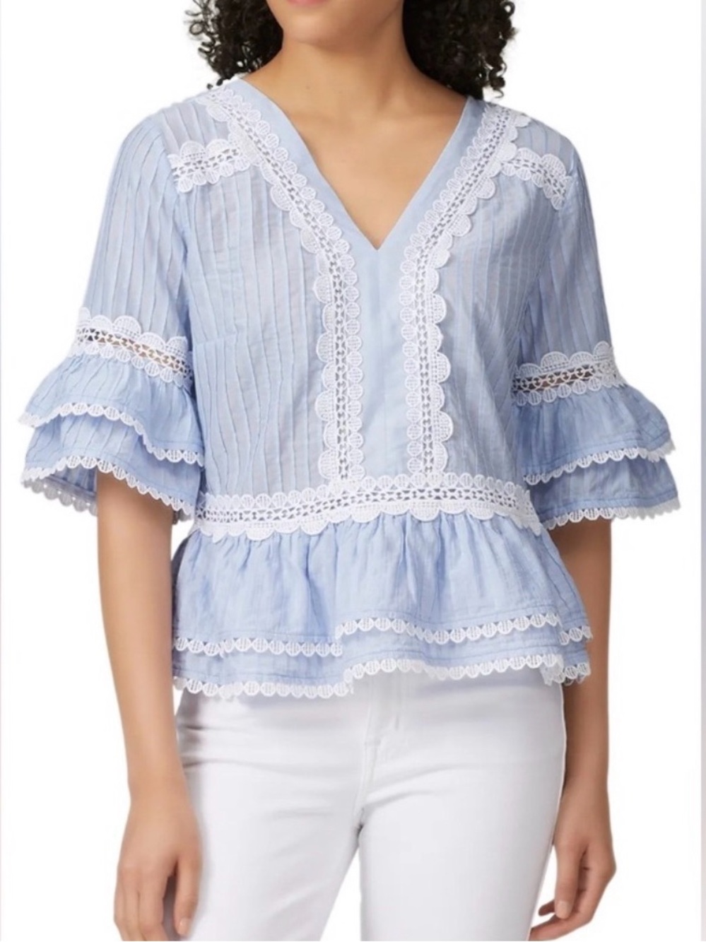J.Crew Blue Pintuck Lace Trim Peplum Blouse Tiered Sleeve Top Size Medium